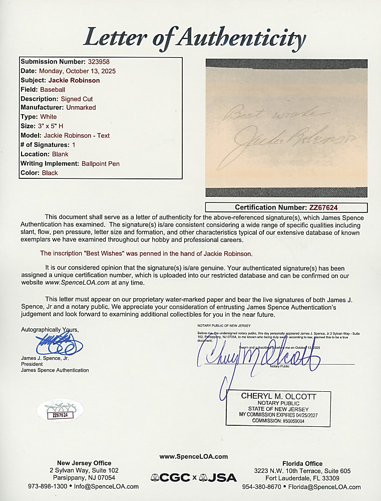 Jackie Robinson Signed Index Card - Full JSA LOA