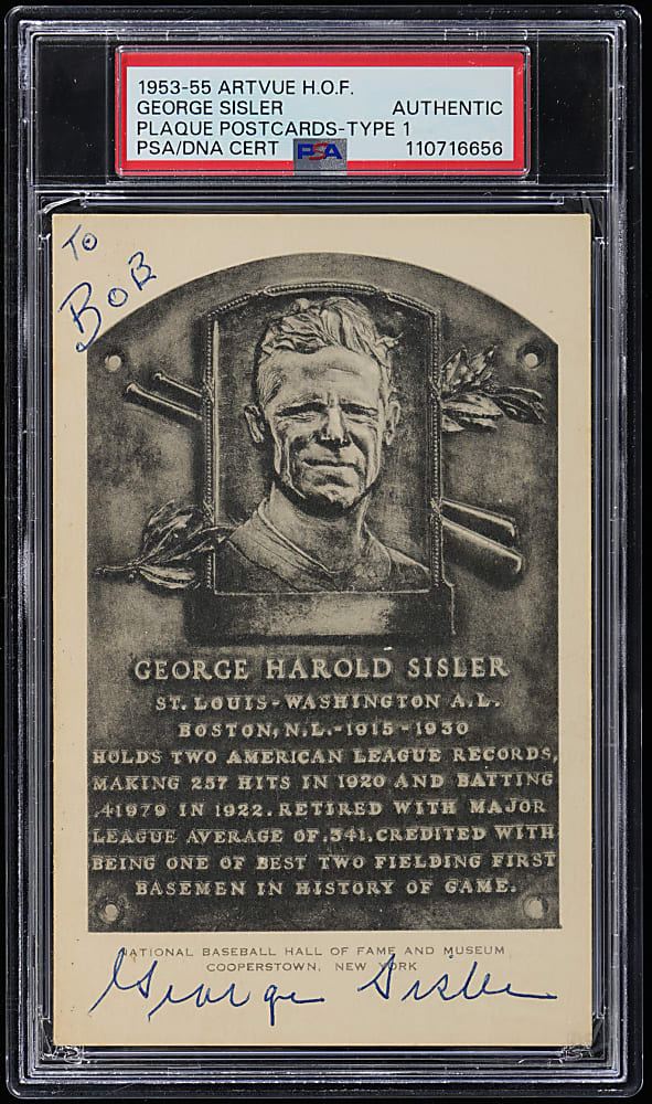 Signed 1953-1955 Artvue Hall of Fame Postcard Plaque George Sisler Type 1 PSA/DNA Authentic