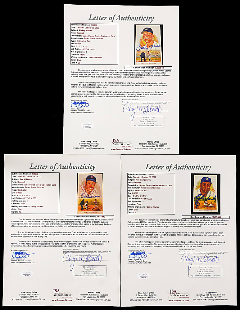 1989 Perez-Steele Celebration Postcards Signed Near-Complete Set (41/44) with Campanella, Mantle & T. Williams - Each JSA Individually Certified