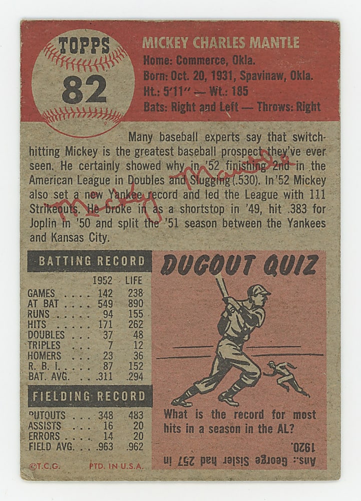 1953 Topps #82 Mickey Mantle (Secretarial Signature) with JSA LOO