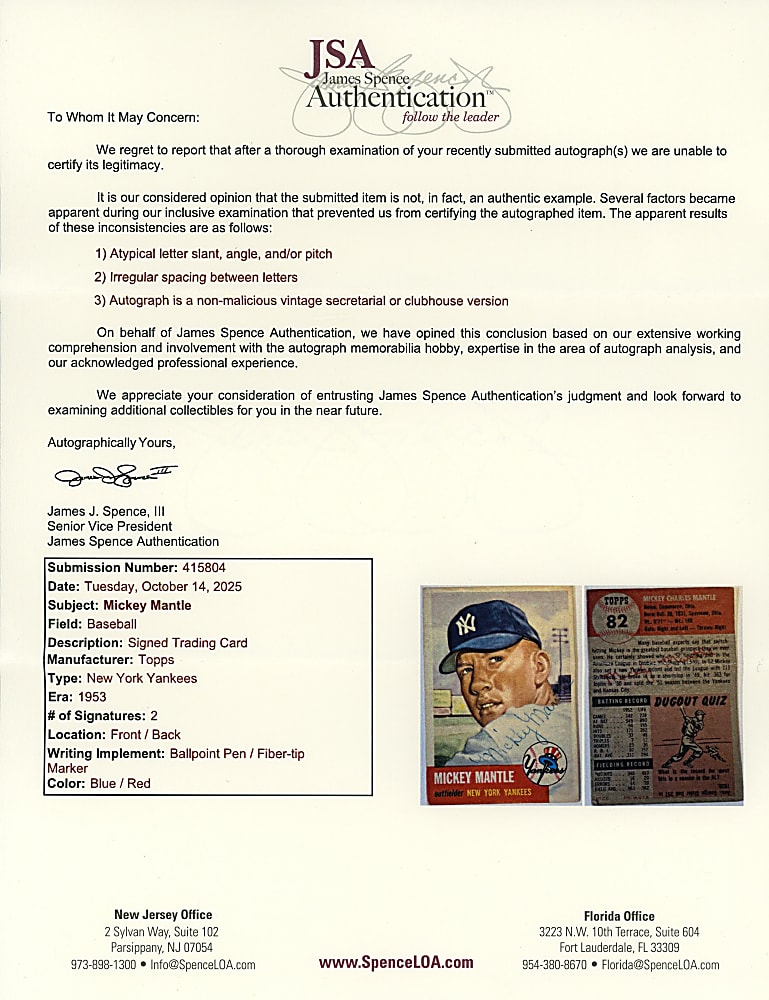 1953 Topps #82 Mickey Mantle (Secretarial Signature) with JSA LOO