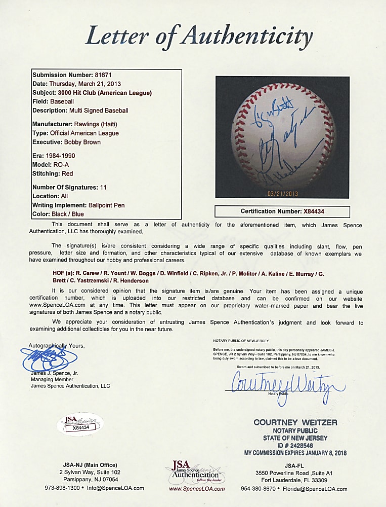 3000 Hit Club Multi-Signed OAL/Brown Baseball with (11) Signatures - Full JSA LOA