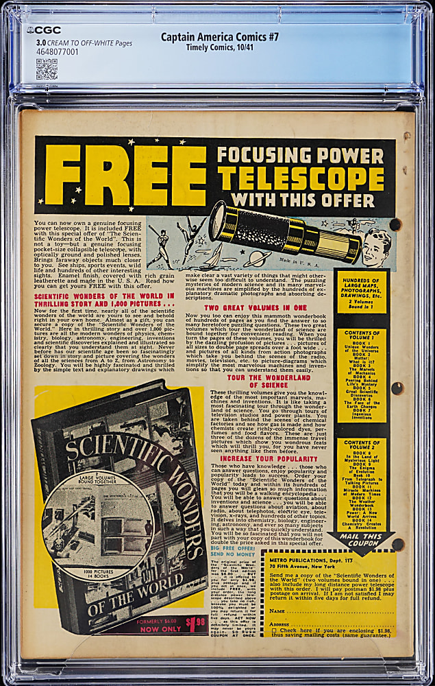 1941 Timely Comics Captain America Comics #7 Classic Bondage Cover, Red Skull Appearance - CGC 3.0