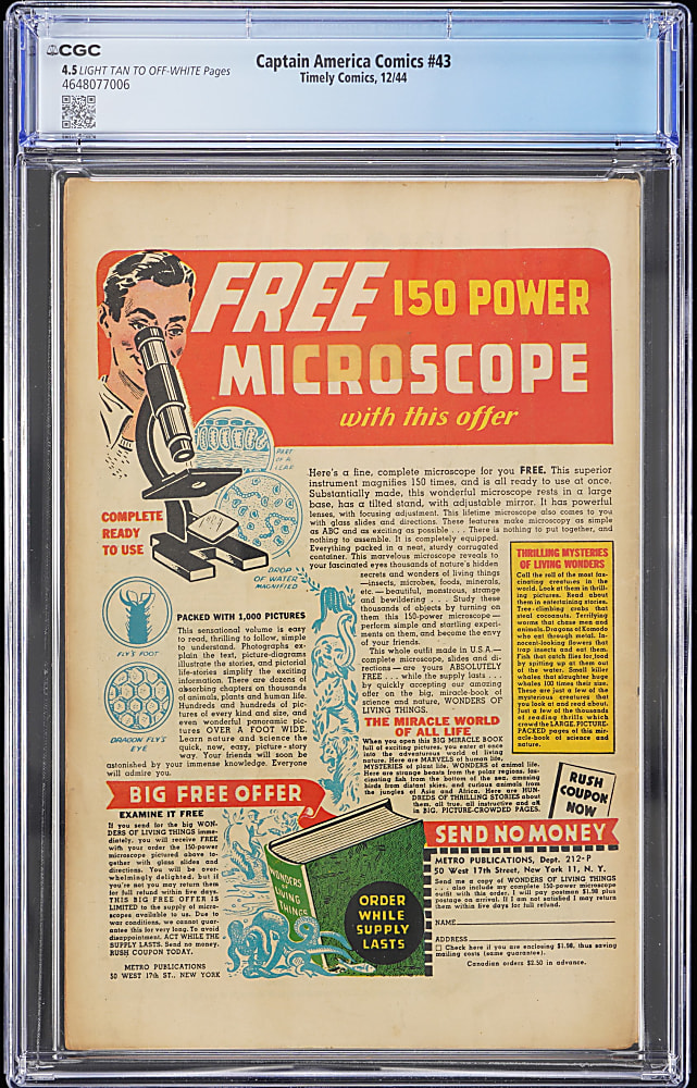 1944 Timely Comics Captain America Comics #43 - CGC 4.5