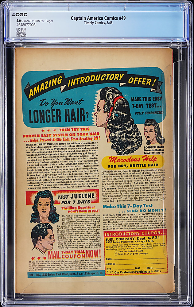 1945 Timely Comics Captain America Comics #49 - CGC 4.0