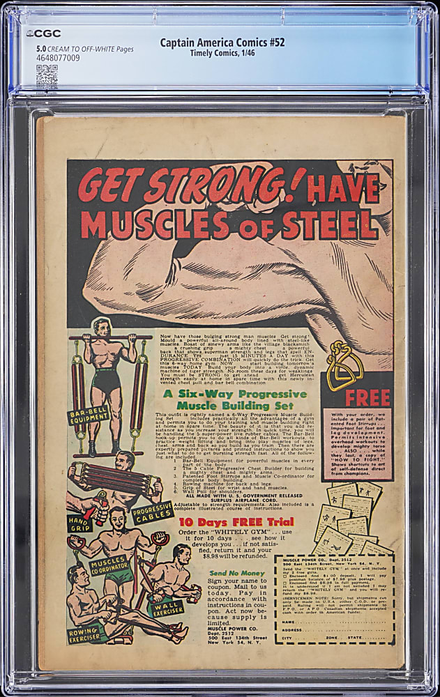 1946 Timely Comics Captain America Comics #52 with Atomic Bomb Heist - CGC 5.0