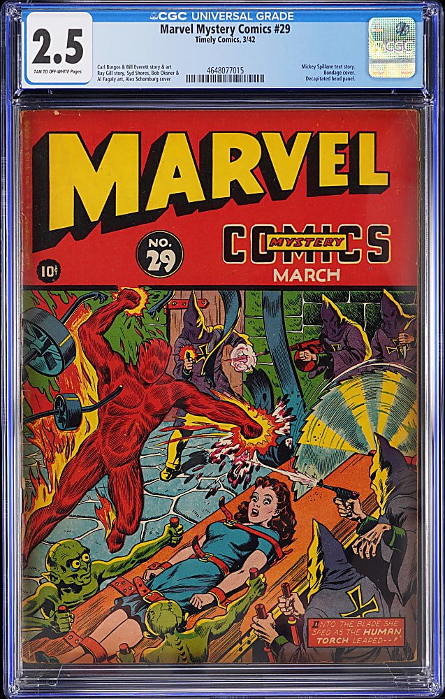 1942 Timely Comics Marvel Mystery Comics #29 Mickey Spillane Story, Bondage/Decapitation Cover - CGC 2.5