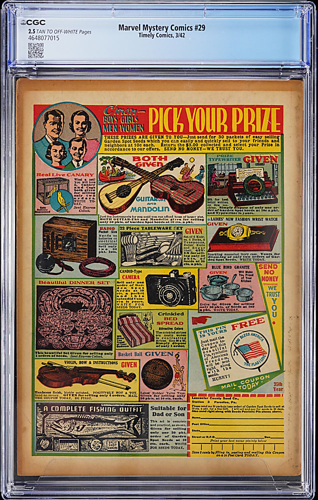 1942 Timely Comics Marvel Mystery Comics #29 Mickey Spillane Story, Bondage/Decapitation Cover - CGC 2.5