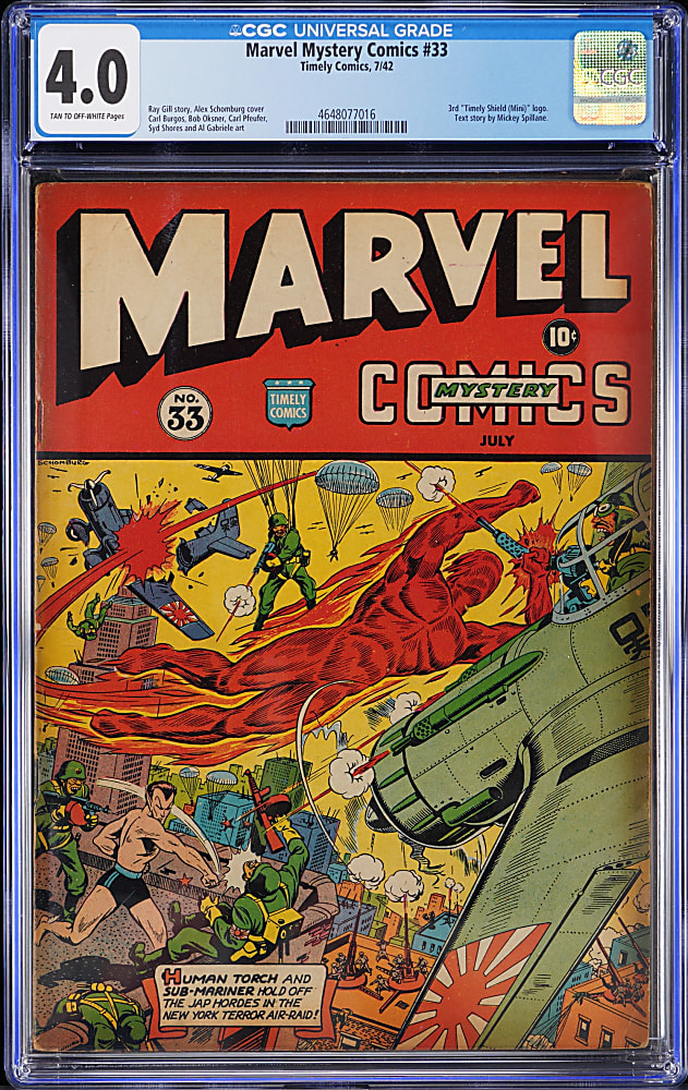 1942 Timely Comics Marvel Mystery Comics #33 Featuring Human Torch, Sub-Mariner and Mickey Spillane Text Story - CGC 4.0