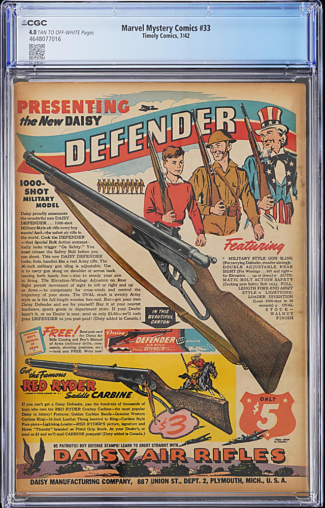 1942 Timely Comics Marvel Mystery Comics #33 Featuring Human Torch, Sub-Mariner and Mickey Spillane Text Story - CGC 4.0