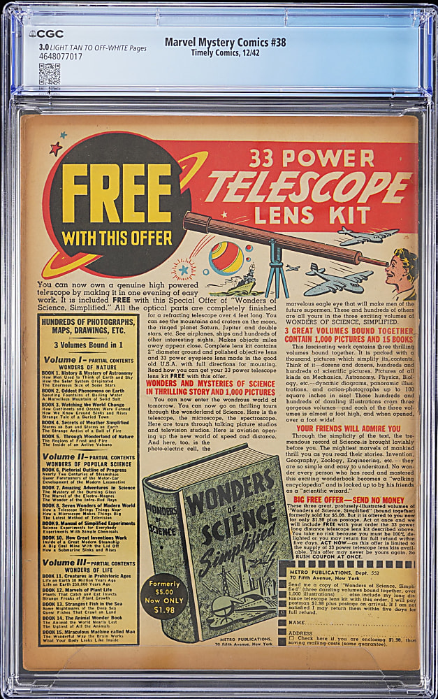 1942 Timely Comics Marvel Mystery Comics #38 - CGC 3.0