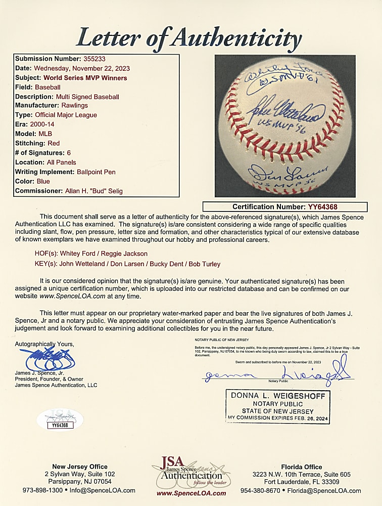 World Series MVP Winners Multi-Signed Baseball with (6) Signatures Plus Full JSA LOA