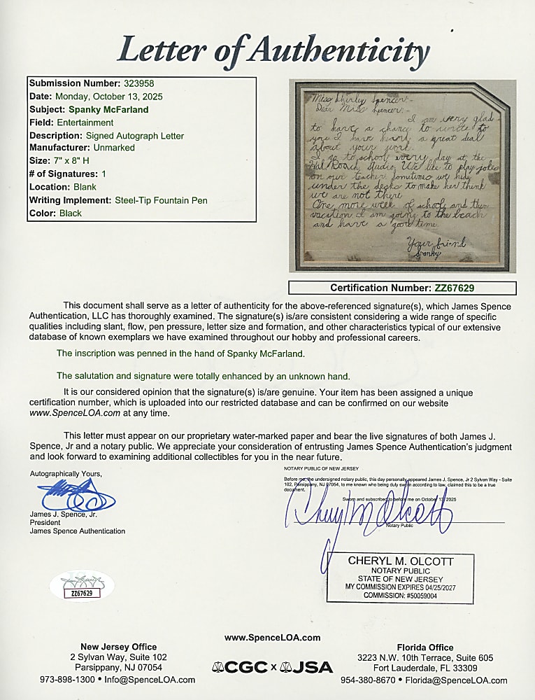 1935 Spanky McFarland (Little Rascals/Our Gang) Handwritten and Signed Letter in Framed Display - Signed at Age 6 - Full JSA LOA