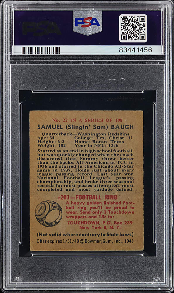 1948 Bowman Football #22 Sammy Baugh Rookie PSA VG-EX 4
