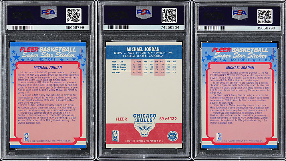 1987-1989 Fleer Basketball Michael Jordan PSA Graded Trio with 1987 Fleer #59 PSA NM 7