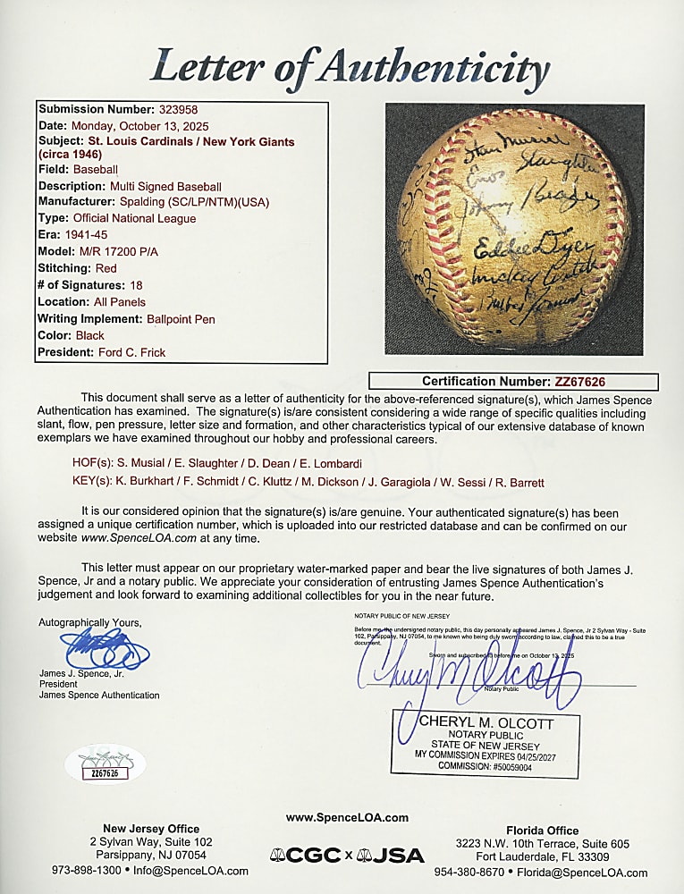1946 World Series Champions St. Louis Cardinals Team-Signed Baseball with Dean, Slaughter & Musial - Full JSA LOA