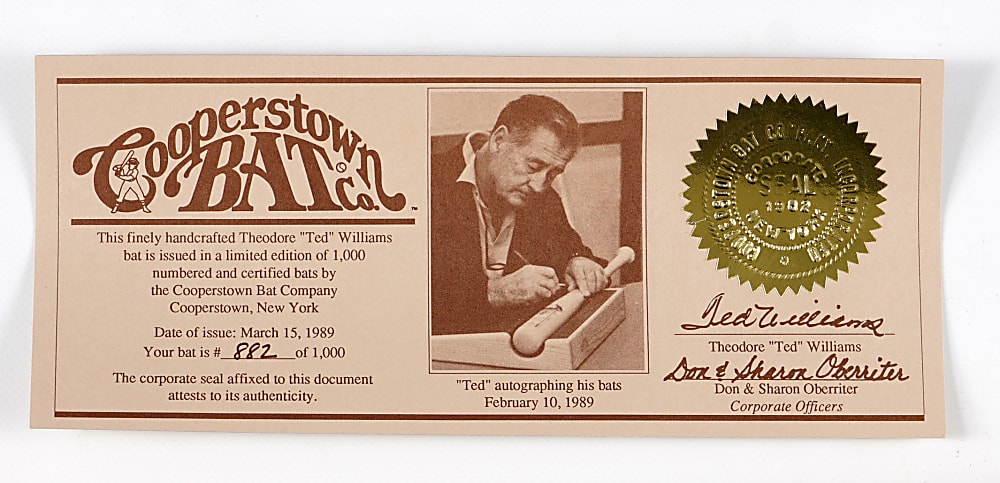 1989 Ted Williams Signed Cooperstown Bat Co. Limited-Edition Famous Player Series Bat
