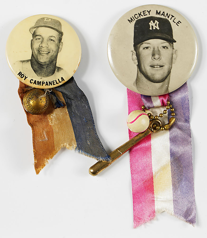 1950s PM10 Hall of Famer Pins (2) with Mickey Mantle & Roy Campanella - Both with Ribbons/Charms