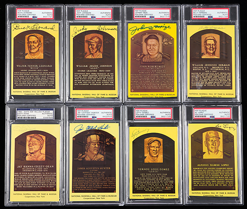 Signed Hall of Fame Plaque and Art Postcard Collection (16) with (13) PSA/DNA Authentic Including Dizzy Dean