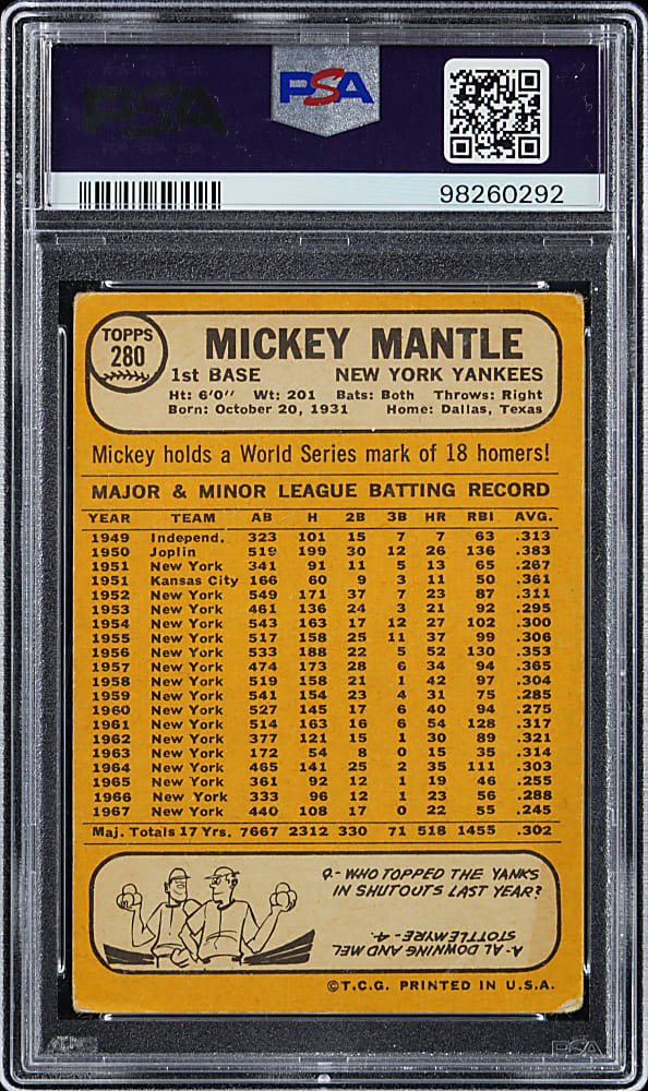 1968 Topps #280 Mickey Mantle PSA GOOD 2