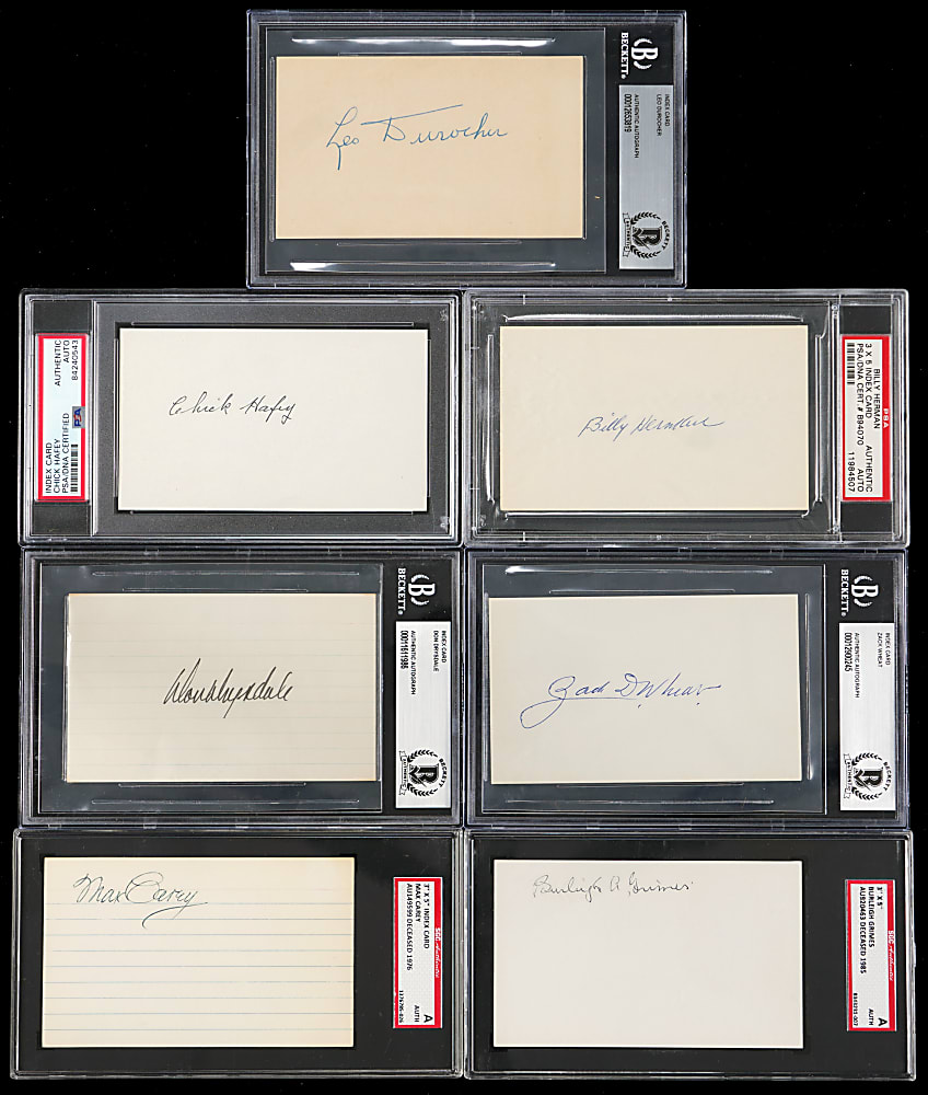 Brooklyn/Los Angeles Dodgers Signed Index Card PSA/BVG/SGC Graded Collection (7) with Carey, Hafey & Wheat