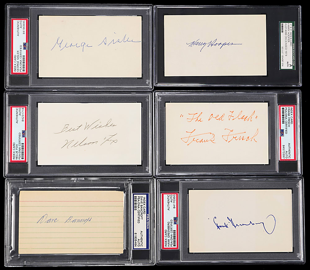 Tough Hall of Famer Signed Index Cards (6) with Fox, Frisch & Sisler - All PSA/DNA-SGC Certified