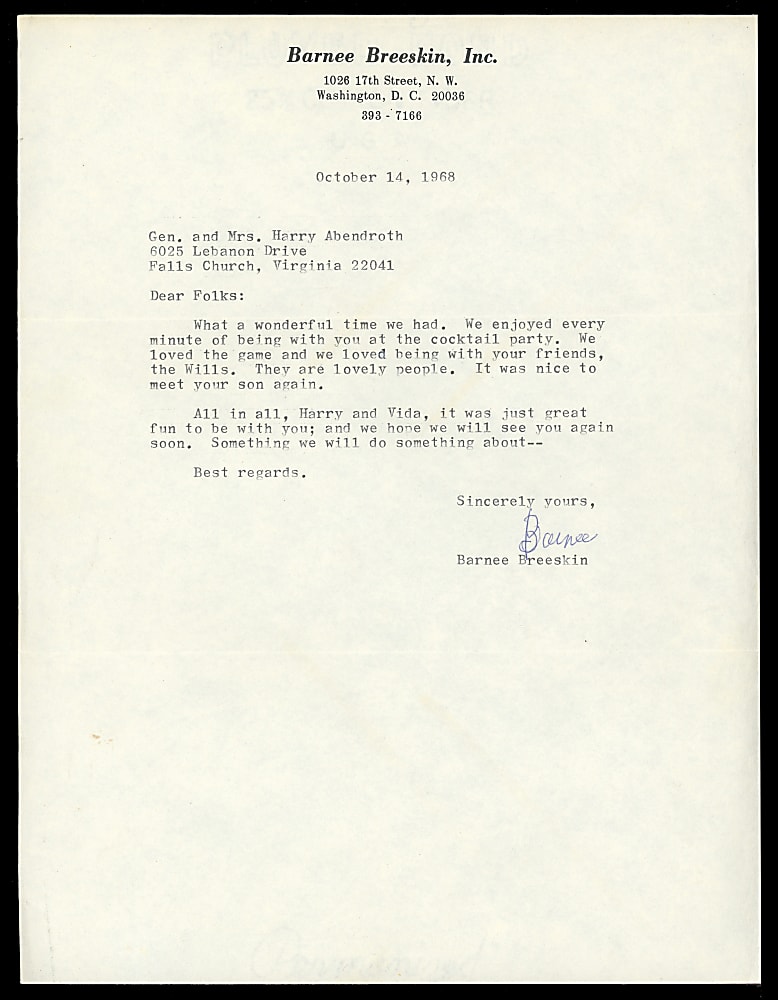 1968 Barnee Breeskin Signed Letter On Official Letterhead - Composer of "Hail to the Redskins" In 1937