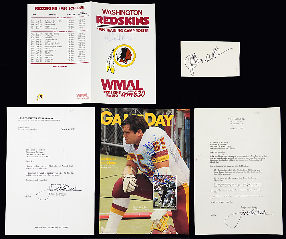 Jack Kent Cooke Signed Flats (5) with Index Card, Roster, GameDay Cover & (2) Letters