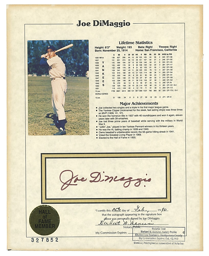 Joe DiMaggio Signed 1990 Hall of Fame 8x10 Stat Sheet