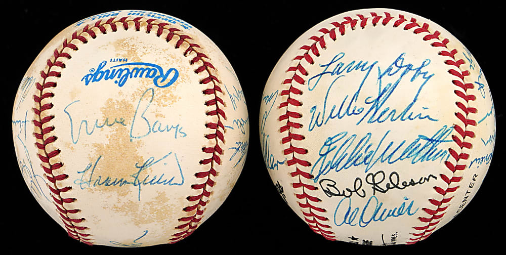 Hall of Famer & Star Multi-Signed Baseball Pair (29 Total Signatures, 23 Hall of Fame) with Banks, Drysdale, Gibson & Hunter