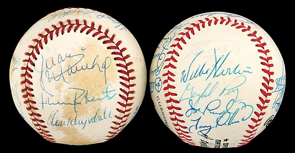 Hall of Famer & Star Multi-Signed Baseball Pair (29 Total Signatures, 23 Hall of Fame) with Banks, Drysdale, Gibson & Hunter