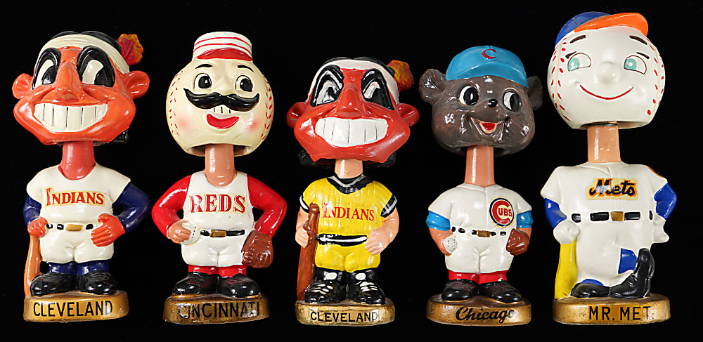 1966-1971 Gold Base Mascot Bobblehead Collection (5) with Mr. Met Bank & (2) Different Indians Chief Wahoo