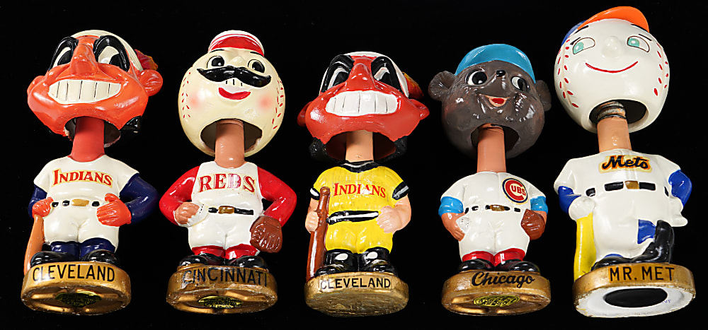 1966-1971 Gold Base Mascot Bobblehead Collection (5) with Mr. Met Bank & (2) Different Indians Chief Wahoo