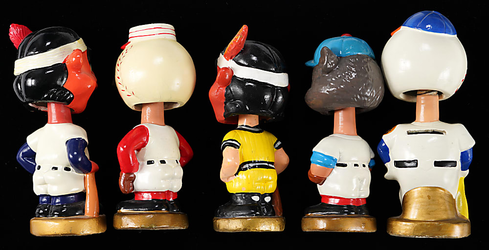 1966-1971 Gold Base Mascot Bobblehead Collection (5) with Mr. Met Bank & (2) Different Indians Chief Wahoo