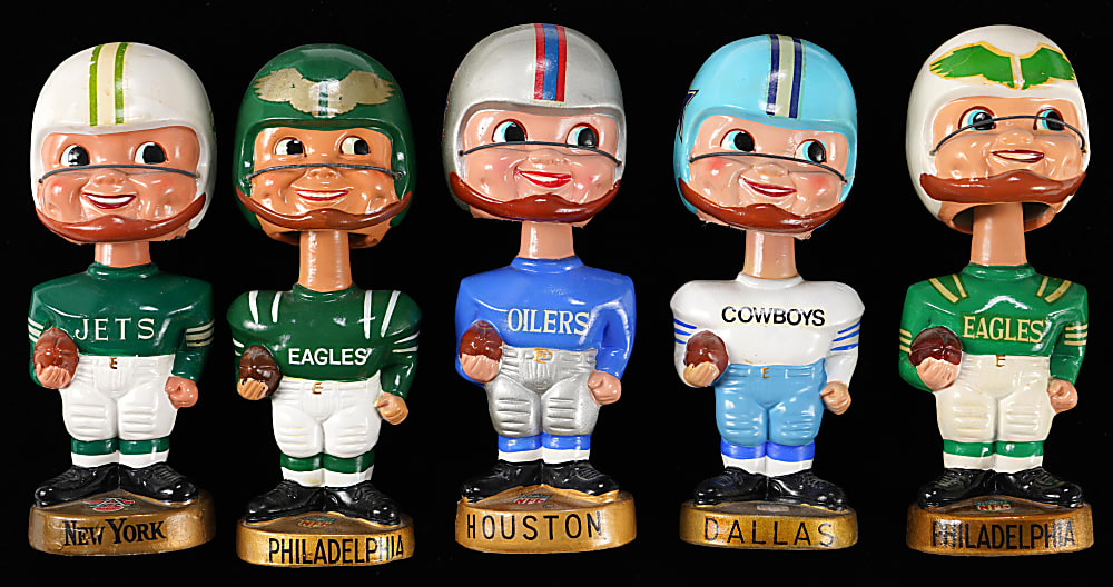 1960s NFL/AFL Gold Base Bobbleheads (5) with Jets, Oilers, Cowboys & (2) Eagles Variations