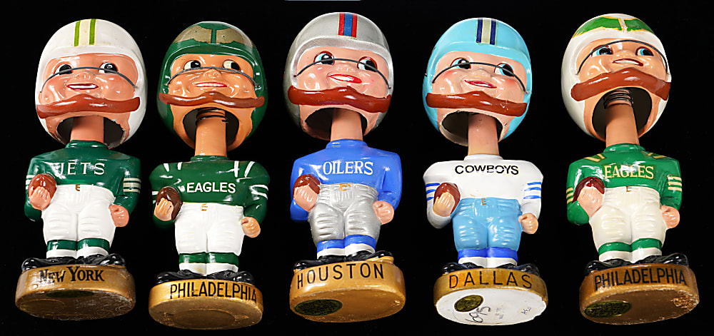1960s NFL/AFL Gold Base Bobbleheads (5) with Jets, Oilers, Cowboys & (2) Eagles Variations