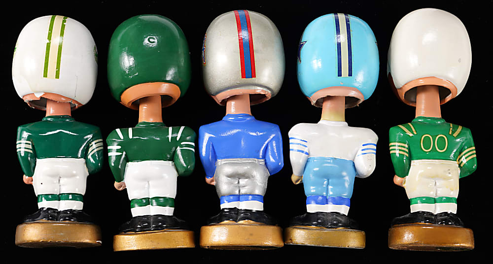 1960s NFL/AFL Gold Base Bobbleheads (5) with Jets, Oilers, Cowboys & (2) Eagles Variations