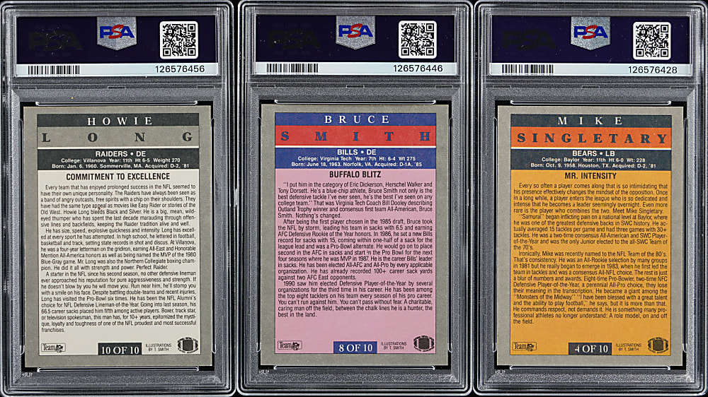 1991 Fleer Football Pro-Visions PSA GEM MINT 10 Trio with #4 Mike Singletary #8 Bruce Smith & #10 Howie Long