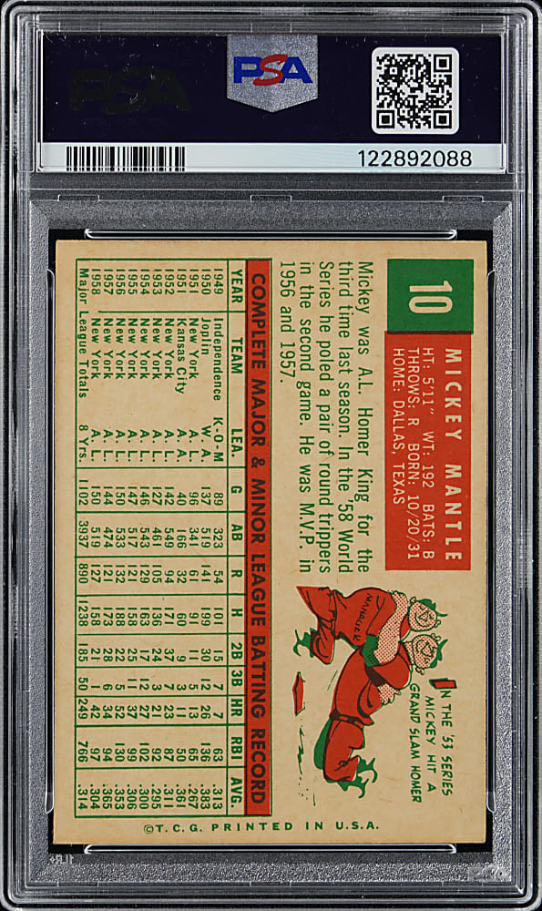 1959 Topps #10 Mickey Mantle PSA EX-MT 6
