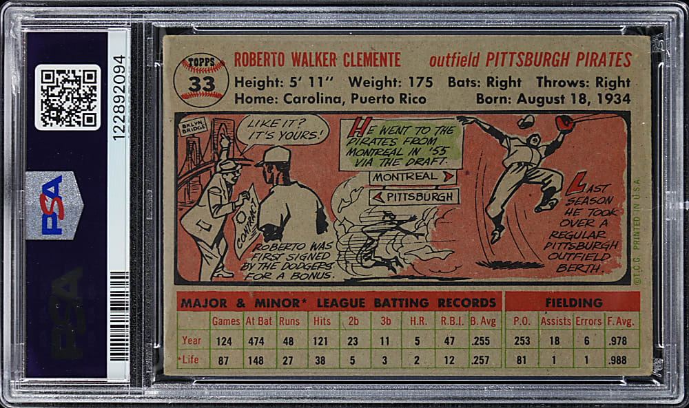 1956 Topps #33 Roberto Clemente Gray Back PSA VG-EX 4