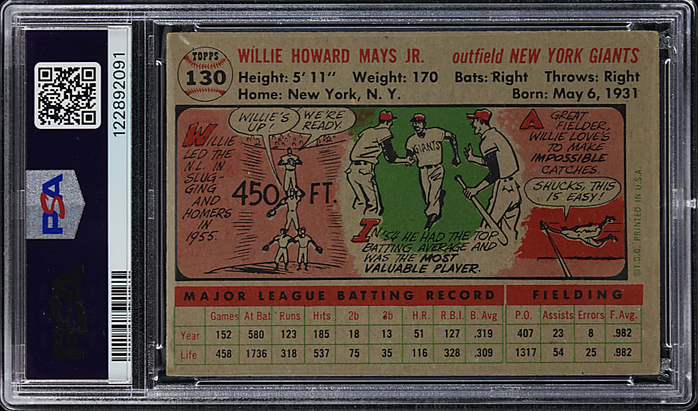 1956 Topps #130 Willie Mays Gray Back PSA VG-EX 4