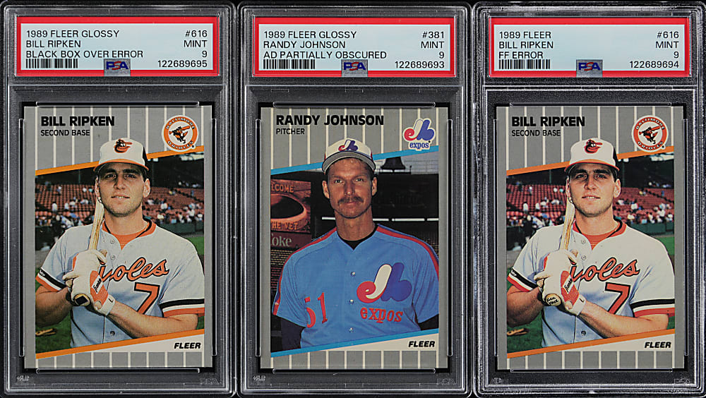 1989 Fleer PSA MINT 9 Trio with #381 Randy Johnson (Ad Partially Obscured) & (2) #616 Bill Ripken with FF & Black Box