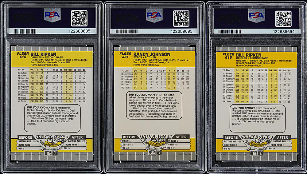 1989 Fleer PSA MINT 9 Trio with #381 Randy Johnson (Ad Partially Obscured) & (2) #616 Bill Ripken with FF & Black Box