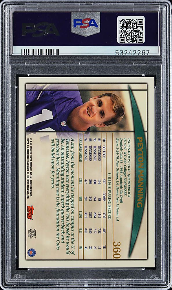 1998 Topps Football #360 Peyton Manning Rookie PSA GEM MINT 10