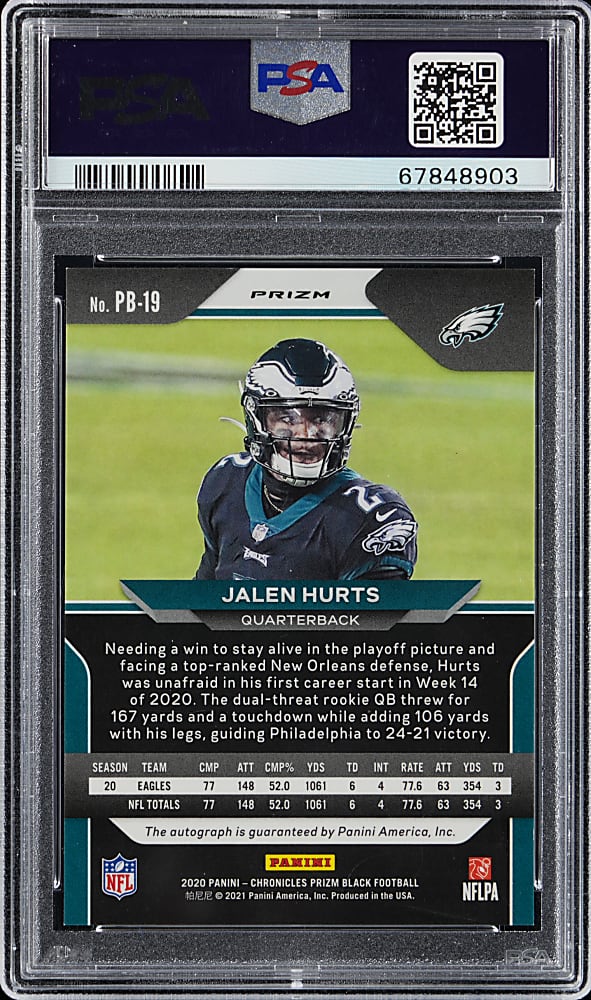 2020 Panini Chronicles Football #19 Prizm Black Jalen Hurts Signature Rookie PSA GEM MINT 10