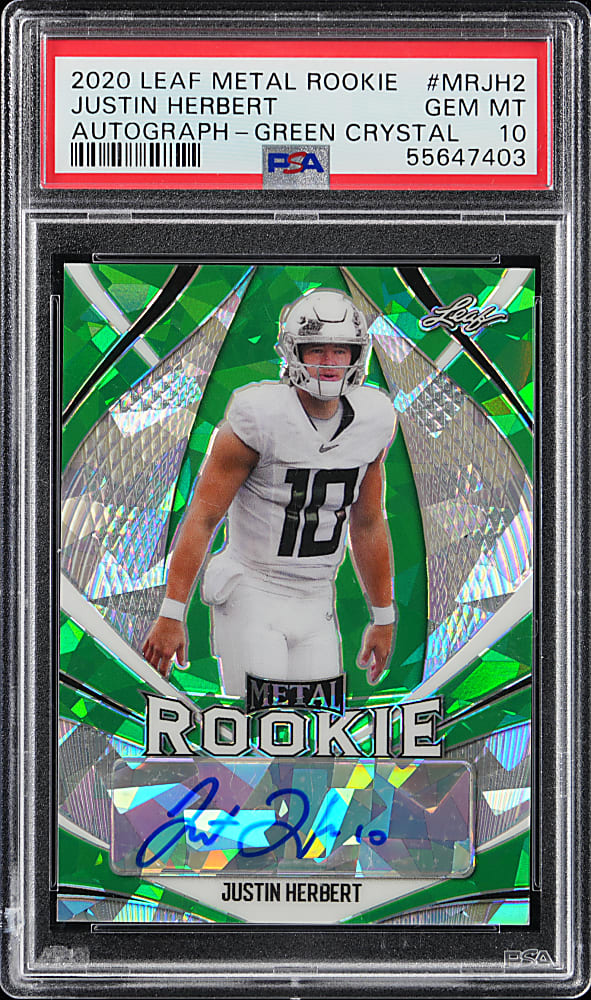 2020 Leaf Metal Football Rookie #MRJH2 Justin Herbert Green Crystal Autograph #1/4 PSA GEM MINT 10