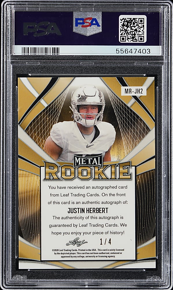 2020 Leaf Metal Football Rookie #MRJH2 Justin Herbert Green Crystal Autograph #1/4 PSA GEM MINT 10
