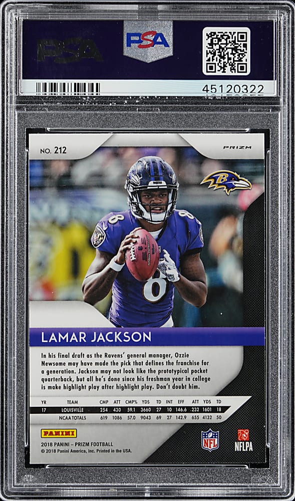 2018 Panini Prizm Football #212 Lamar Jackson Rookie Pink Prizm PSA GEM MINT 10