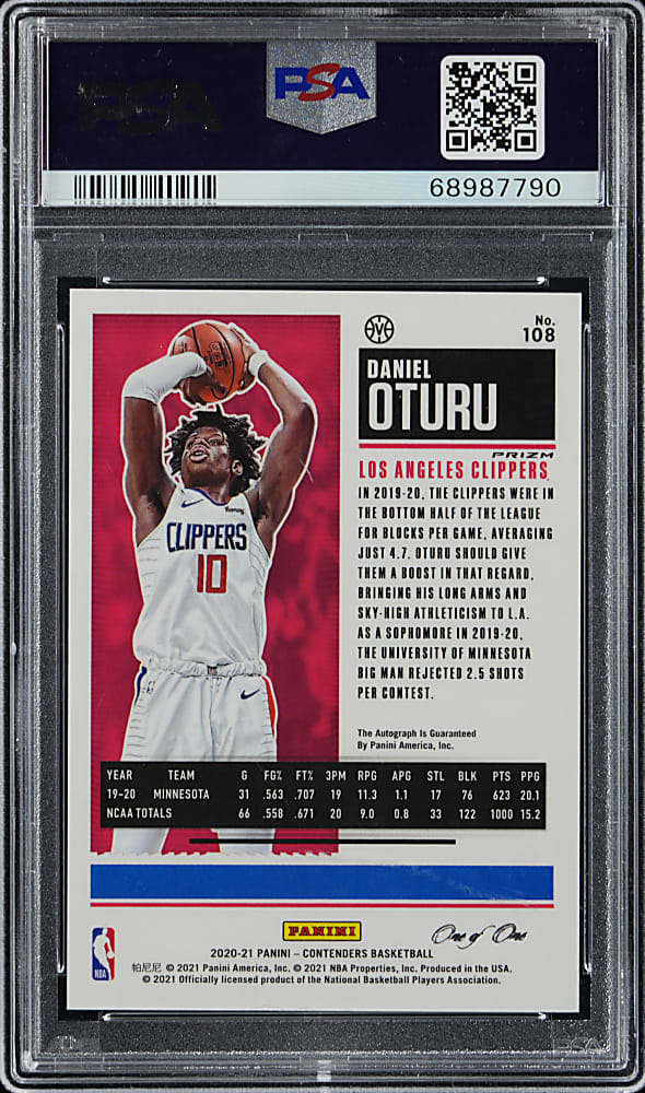 2020-2021 Panini Contenders Basketball #108 Daniel Oturu Rookie Premium Edition Autograph Gold Shimmer One of One PSA GEM MINT 10
