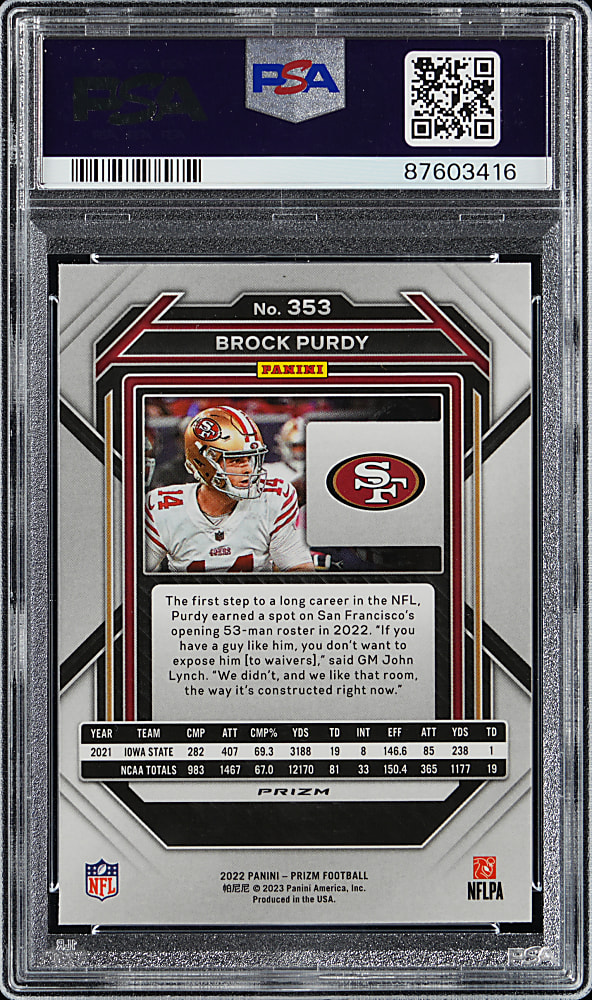 2022 Prizm Football #353 Brock Purdy Rookie Green Ice PSA GEM MINT 10
